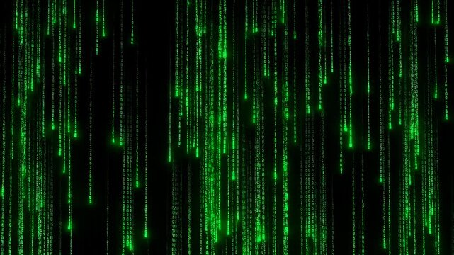Green binary code rain animation on a black background. Represents digital technology, data flow, and the essence of the information age