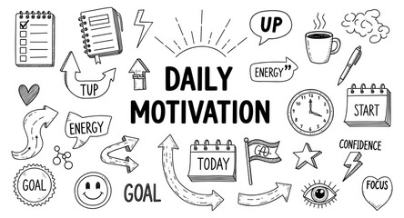 Naklejka premium Daily motivation doodles with inspirational icons and text for success