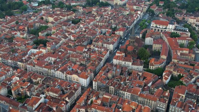 An Aerial panoramic view of the old town of the city Riom on a sunny summer morning in France.