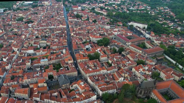 An Aerial panoramic view of the old town of the city Riom on a sunny summer morning in France.