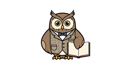Obraz premium Cartoon owl wearing a brown suit and bow tie holding a book.
