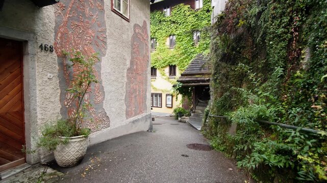 Beautiful cityscape of Hallstatt Austria. Urban street landscape with traditional architecture of the Alpine mountains.