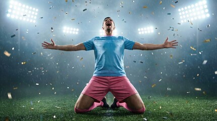 Plakat Male football player celebrating victory on knees under stadium lights. Concept of championship win, sports advertising campaign, betting promotion visuals, and tournament marketing content.