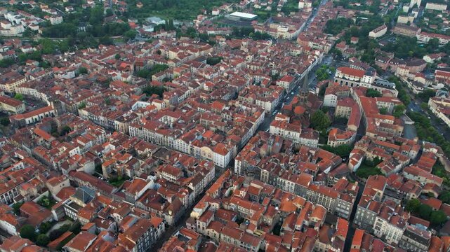 An Aerial panoramic view of the old town of the city Riom on a sunny summer morning in France.