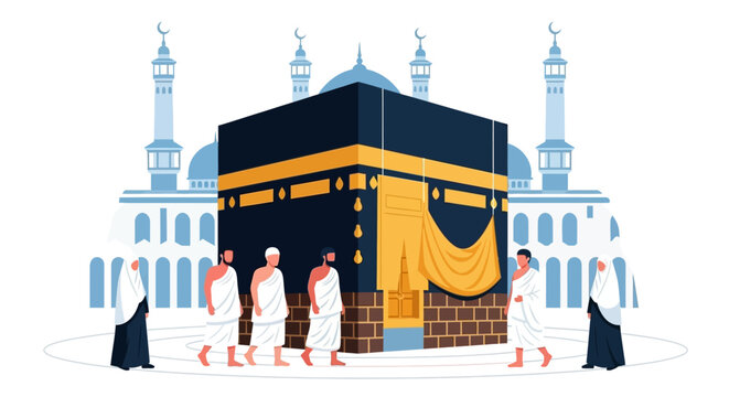 Pilgrims circumambulating the Kaaba in a grand mosque courtyard during Hajj, an important Islamic ritual, viewed from a slightly elevated perspective.