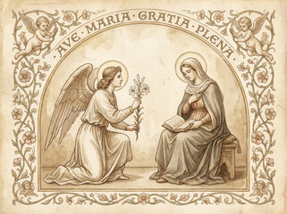 Fototapeta premium Biblical scene of the Annunciation to Mary. Illustration, graphic, watercolor