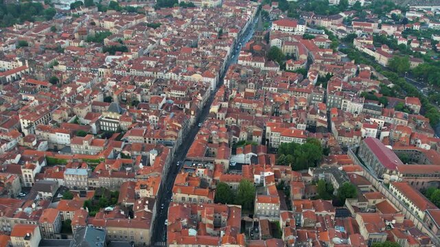 An Aerial panoramic view of the old town of the city Riom on a sunny summer morning in France.