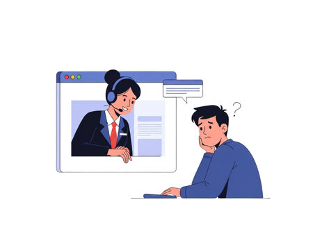 Online customer support service. Confused man asking for help from female agent in browser window. Call center, technical assistance and hotline concept. Flat vector illustration.