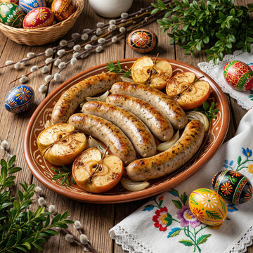 Pieczona biała kiełbasa serwowana z pieczonymi jabłkami w aranżacji wielkanocnej