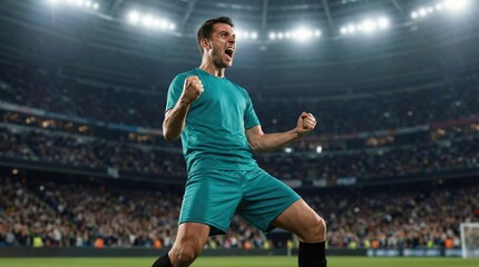 Fototapeta premium Professional football player celebrating victory with clenched fists in packed stadium shouting. Concept of sports apparel advertising, team success promotion, and competitive performance branding.