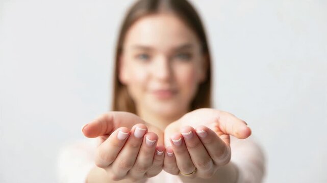 Open hands gesture give to gain, woman reaching forward, inclusive support, international women&rsquo;s day empowerment, gender equality advocacy, solidarity, allyship, social justice, equity