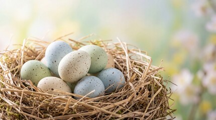 Fototapeta premium Horizontal close-up of speckled pastel Easter eggs in a rustic straw nest. Aesthetic spring holiday background with soft bokeh for seasonal branding and commercial stock photography 2026.