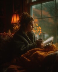 Woman journaling by rainy window with coffee cozy evening