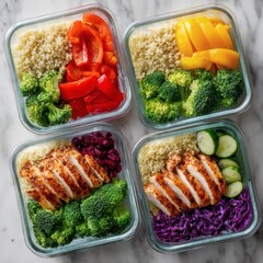 Colorful healthy meal prep containers overhead flat lay