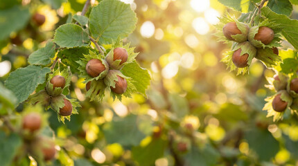 Noisettes m&ucirc;res sur une branche de noisetier dans un verger ensoleill&eacute;