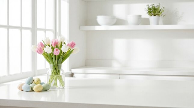 White kitchen countertop near a window with a glass vase of pink and white tulips and a bowl of pastel Easter eggs, minimalist spring decor with copy space.