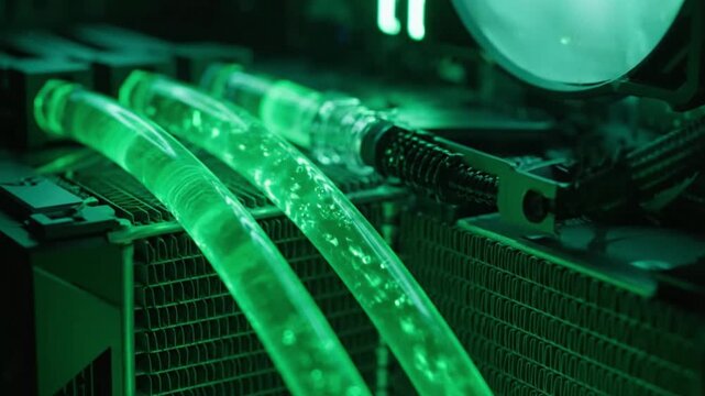 Close-up of a custom-built computer with vibrant green liquid cooling tubes and glowing components, showcasing advanced PC gaming technology and high-performance hardware.