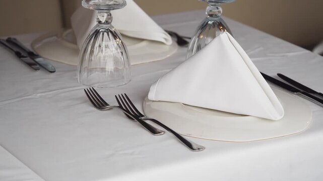 Elegant table setting for fine dining with white cloth and silverware