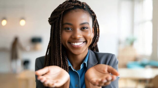 Young Black woman with afro braids showing open palms in Give To Gain gesture for International Women&rsquo;s Day IWD 2026, empowerment, gender equality, solidarity, diversity and inclusion campaign
