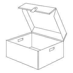 A line drawing of an open box with a hinged lid