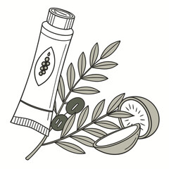 A tube of face cream next to a kiwi and olive branch