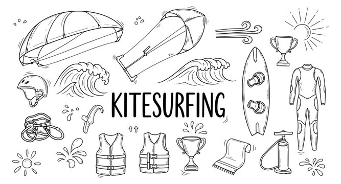 Kitesurfing equipment and elements hand-drawn illustration with waves and sun