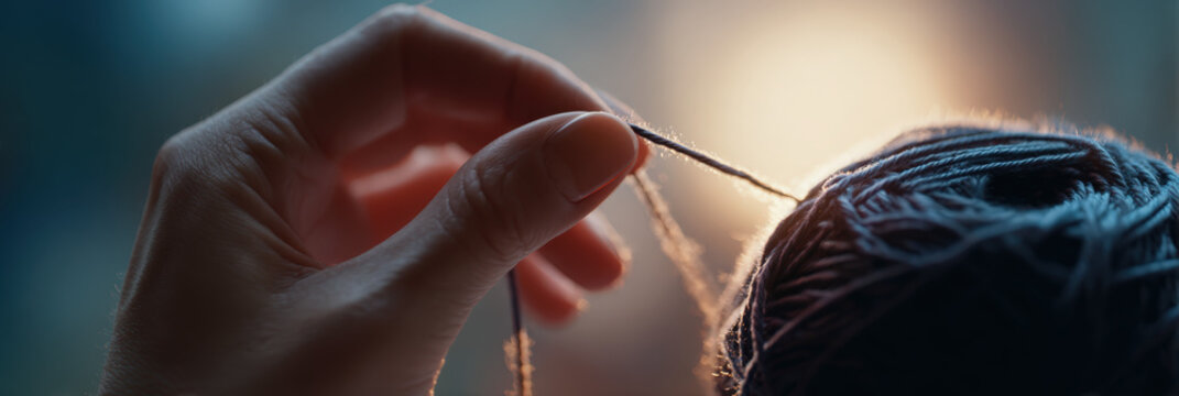 Hand holds yarn strand, crafting hobby