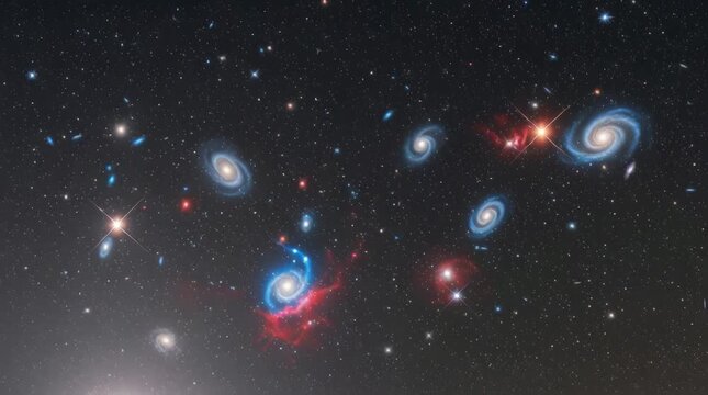 Stunning Panoramic View of a Galaxy Cluster in Deep Space with Vibrant Spiral Galaxies and Distant Stars Against a Dark Cosmic Background - Astrophotography