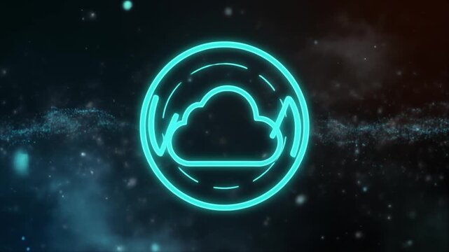 Cyan neon cloud icon with circular arrows in a cosmic dust and nebula background symbol technology