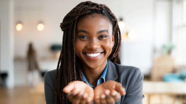 Confident African American woman with open palms Give To Gain gesture, empowerment portrait for International Women&rsquo;s Day, March 8 campaign, gender equality, inclusion, leadership representation 2026