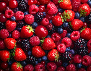 Obraz premium Vibrant medley of fresh red berries and dark blackberries, a healthy summer fruit assortment