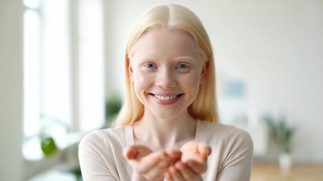 Smiling woman with open hands, gesture of generosity and positivity, focus on giving back, diverse representation in action, empowering women&rsquo;s rights, promoting gender equality