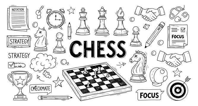 Doodle illustration of chess game elements, strategy, and focus for success