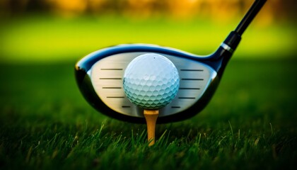A golf ball resting on a tee, with a driver clubhead behind it on a lush green golf course. Captures the essence of the sport and outdoor recreation.