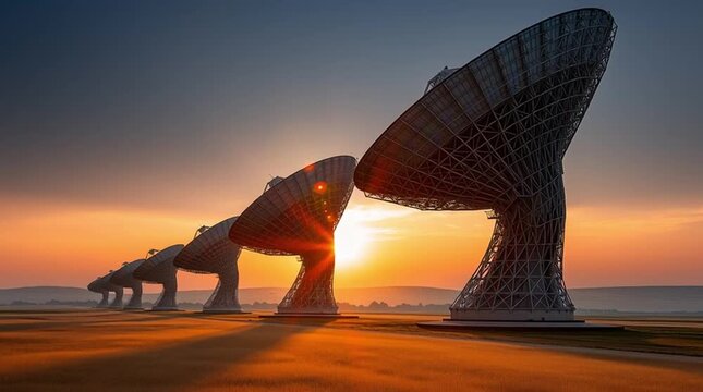 Massive radio telescope dishes at sunset in open landscape aligned toward horizon representing space exploration and advanced astronomy research concept