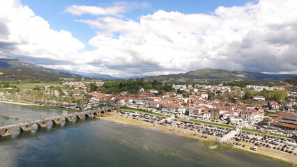 Drone photography of the city of Ponte de Lima and River Lima in Portugal.
