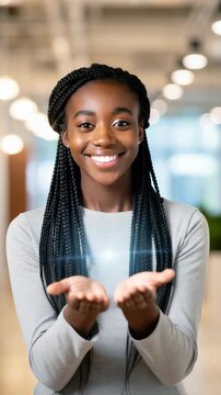 Young Black woman showing open palms with glowing light for Give To Gain campaign, International Women's Day IWD 2026, empowerment, gender equality, diversity inclusion, community outreach solidarity