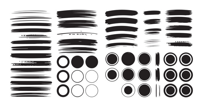 black grunge brush strokes, ink pen brushes, thick paint brush lines, and circle shapes, vector set