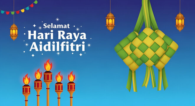 Colorful hari raya aidilfitri greeting design featuring ketupat lantern torches festive islamic celebration background for marketing banner poster vector illustration