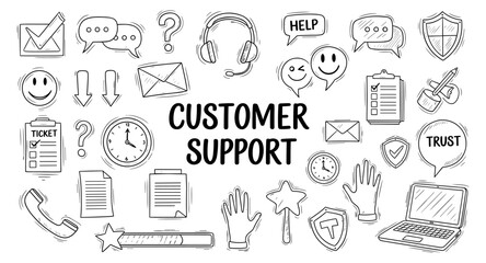 Customer support icons and symbols in a doodle style for service and communication
