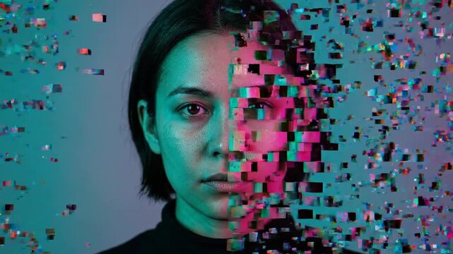 Portrait of a young woman with digital glitch distortion effect. Futuristic cyber technology concept with pixelated noise and neon lighting