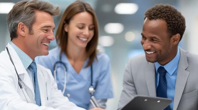 Smiling multicultural medical team reviewing documents in hospital office closeup portrait representing healthcare collaboration and professional teamwork concept