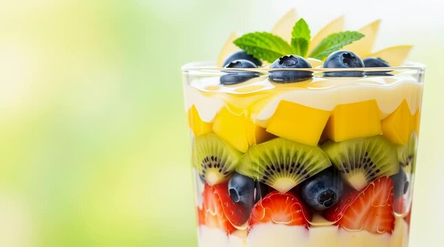 Vibrant fruit parfait layered with fresh mango kiwi strawberry and blueberries in a glass garnished with mint leaves against a soft blurred green background for healthy eating concepts