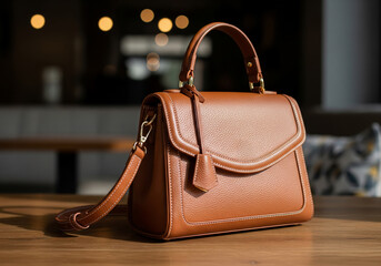 柔らかな光が差し込む店内に置かれた上品なキャメルのレザーバッグ