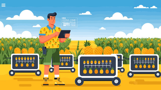 Farmer using tablet with automated harvest carts in cornfield.