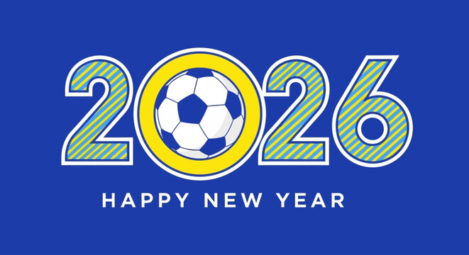 Celebrating the New Year 2026 with a Soccer Ball on a Vibrant Blue Background from a Front View