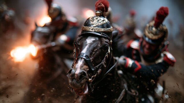 This powerful image showcases an intense cavalry charge, featuring soldiers on horseback in full regalia, capturing the energy and drama of battle.