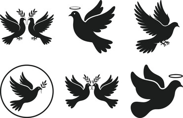 Obraz premium Dove Bird Silhouette Collection with Wings, Olive Branch and Halo Vector Set