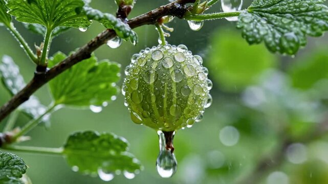 Fresh green gooseberry hanging from a branch after rain.
