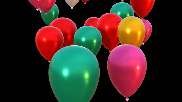 Multi-colored balloons flying upwards on transparent background, birthday or anniversary celebration concept. Video with alpha channel